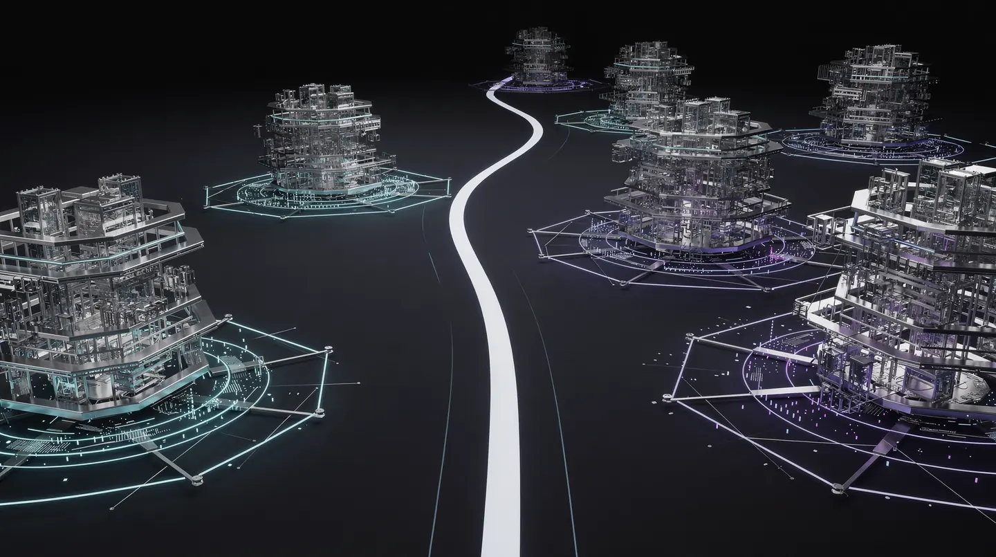 Abstract strategic landscape showing competing structures and one clear opportunity route